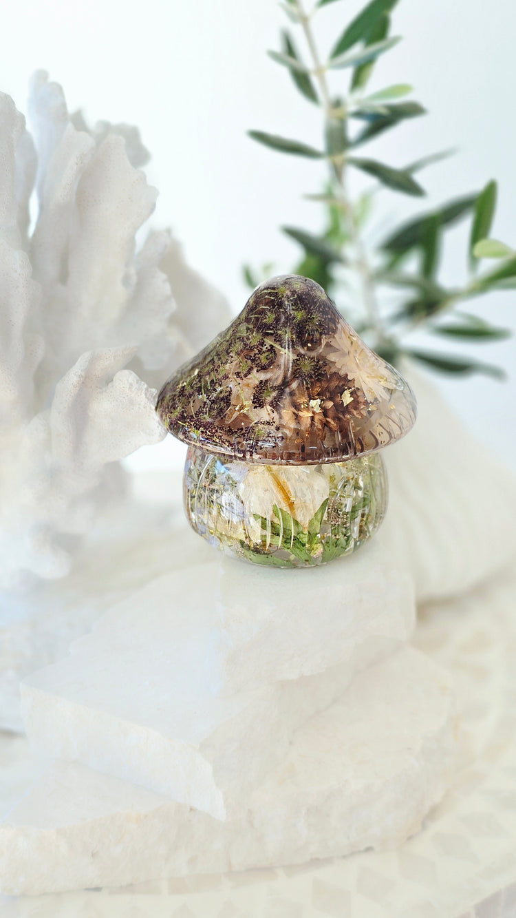 Mushroom Trinket Jar with real Preserved Flowers