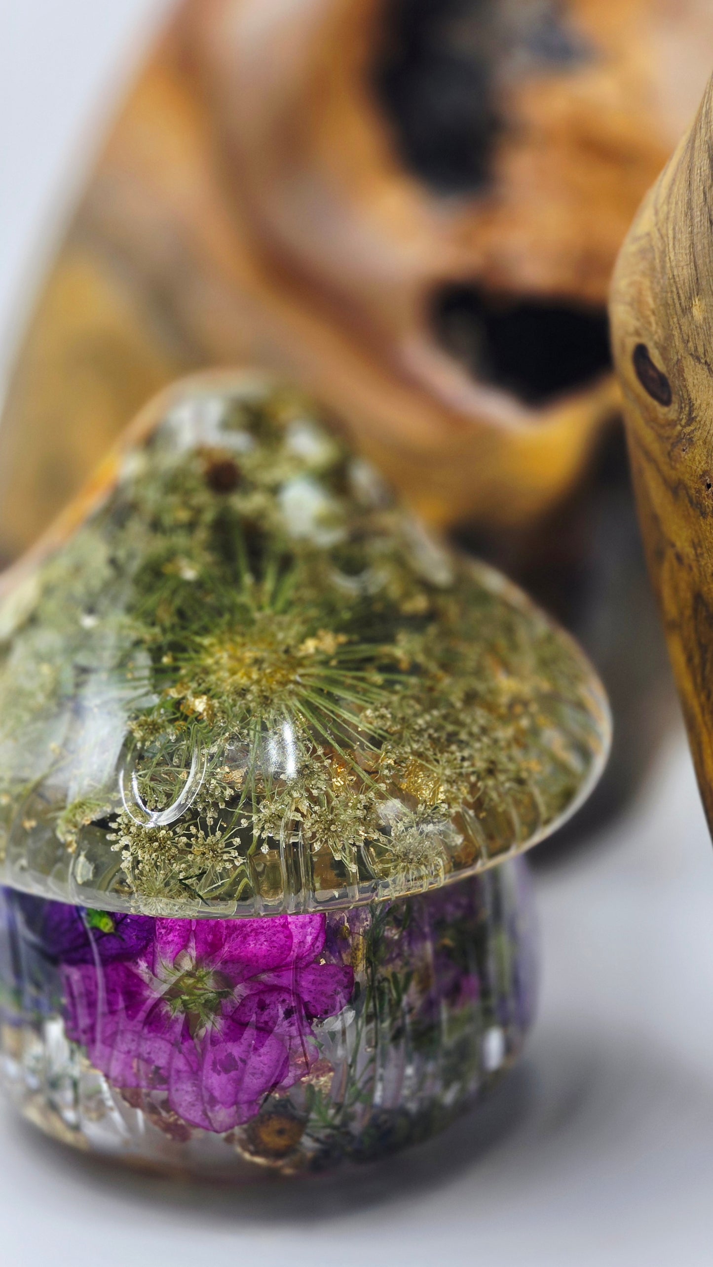 Mushroom Trinket Jar featuring Real Preserved David Austen Rose, Stock, Delphinium, Queen Annes Lace, Hydrangea, Larkspur, Lavender, Chamomile & Forget-me-not set in Resin