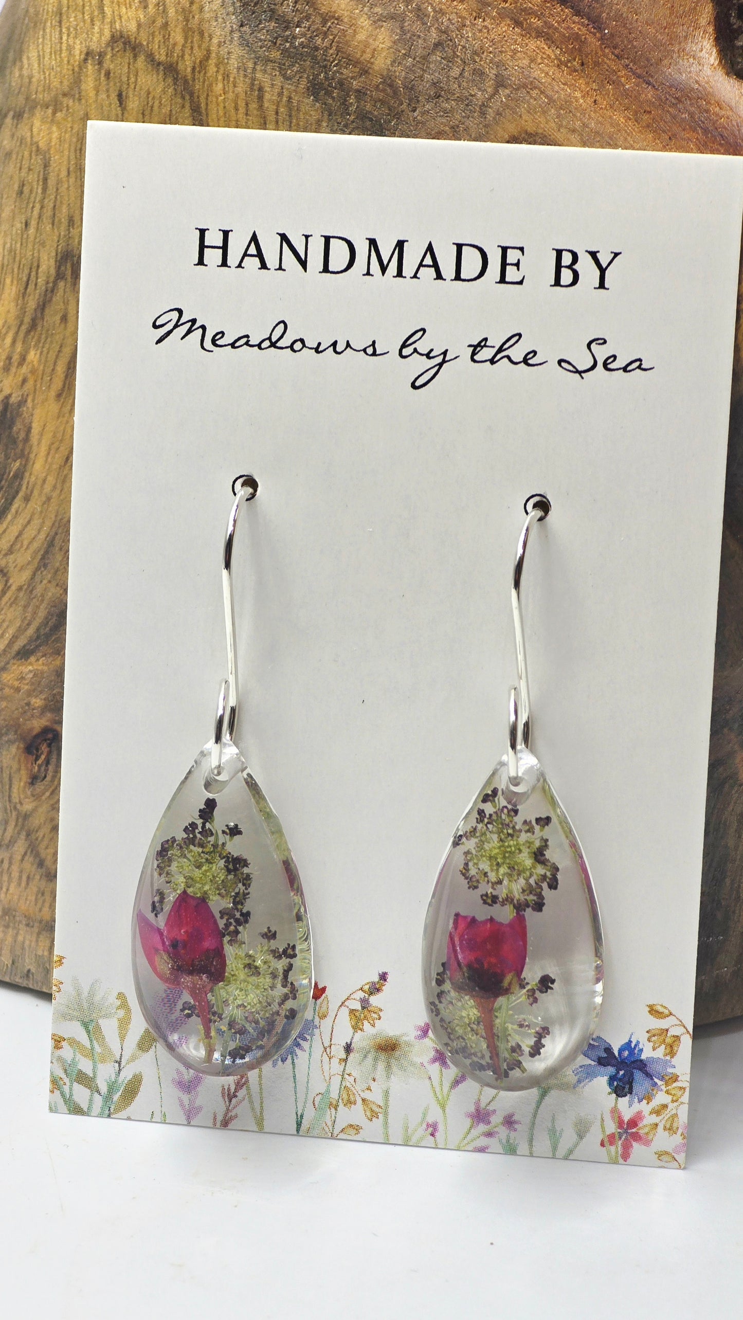 Earrings featuring wildflower specimens of Preserved Boronia & Chocolate Queen Anne's Lace, secured on a .925 Sterling Silver Hook