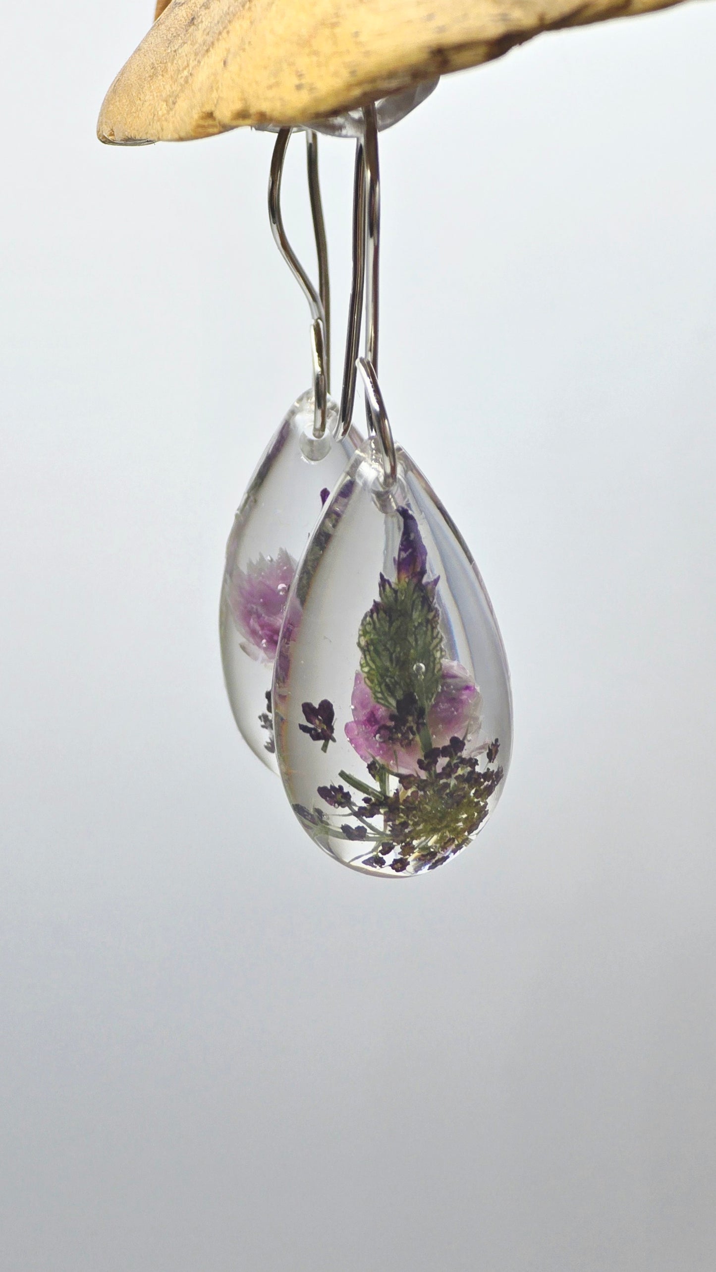 Earrings featuring wildflower specimens of Preserved Rhodanthe, Lavender & Chocolate Queen Anne's Lace, secured on a .925 Sterling Silver Hook