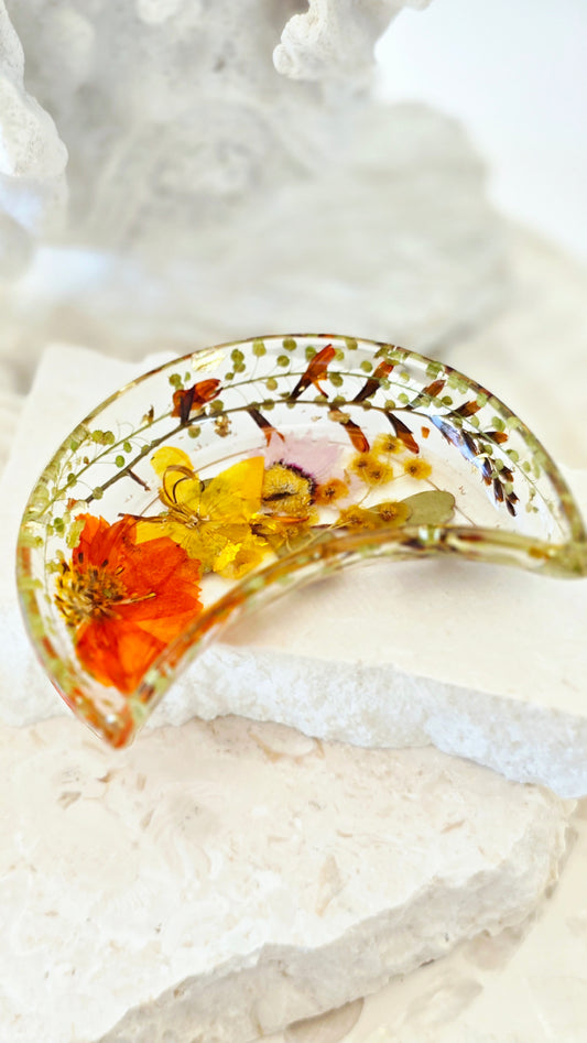 Moon Trinket Tray featuring real preserved flowers in resin