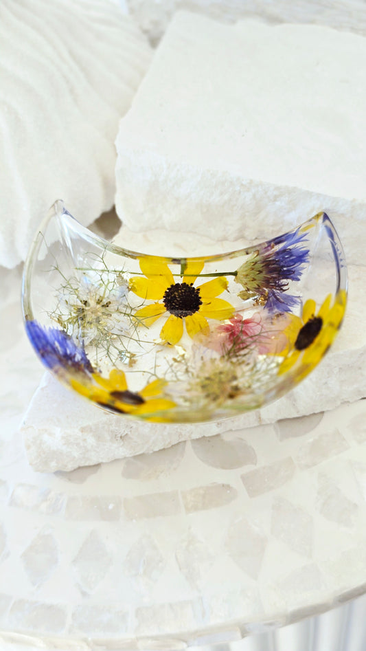 Moon Trinket Tray featuring real preserved flowers in resin