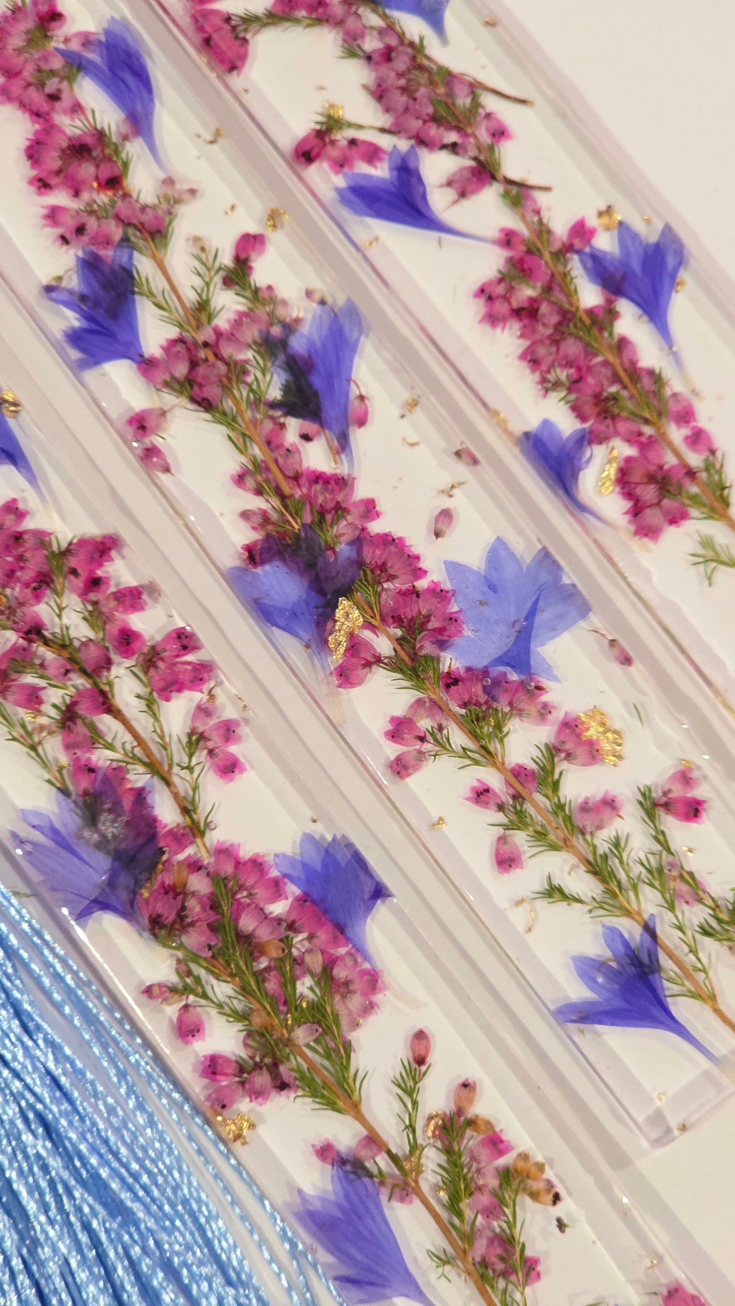 Bookmark featuring Heather and Cornflower with Gold Flakes