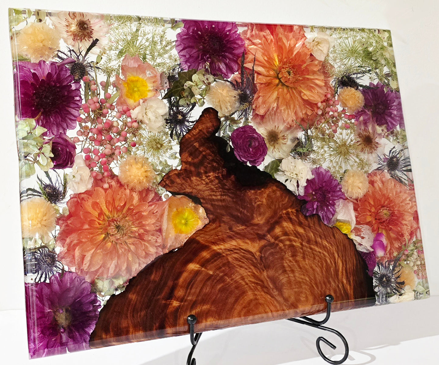 Flower Board featuring Dahlias, Peppercorn, Poppies, Scabiosa, Sea Holly, Hydrangea, Blushing Bride and Queen Anne's Lace set in Resin with Timber