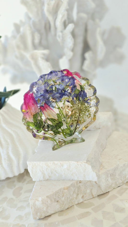 Shell Trinket Tray featuring real preserved flowers in resin