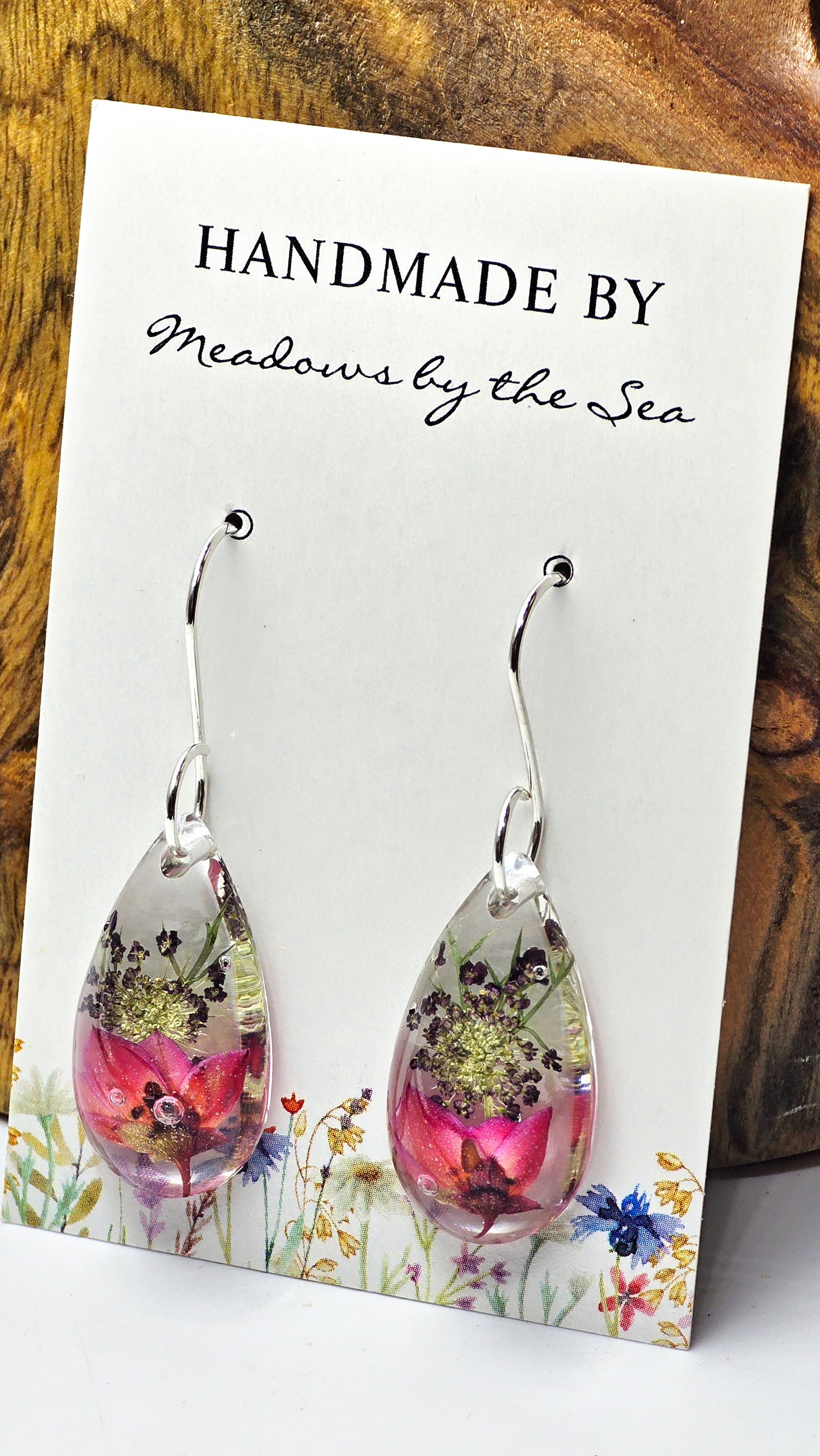 Earrings featuring wildflower specimens of Preserved Boronia & Chocolate Queen Annes Lace, secured on a .925 Sterling Silver Hook