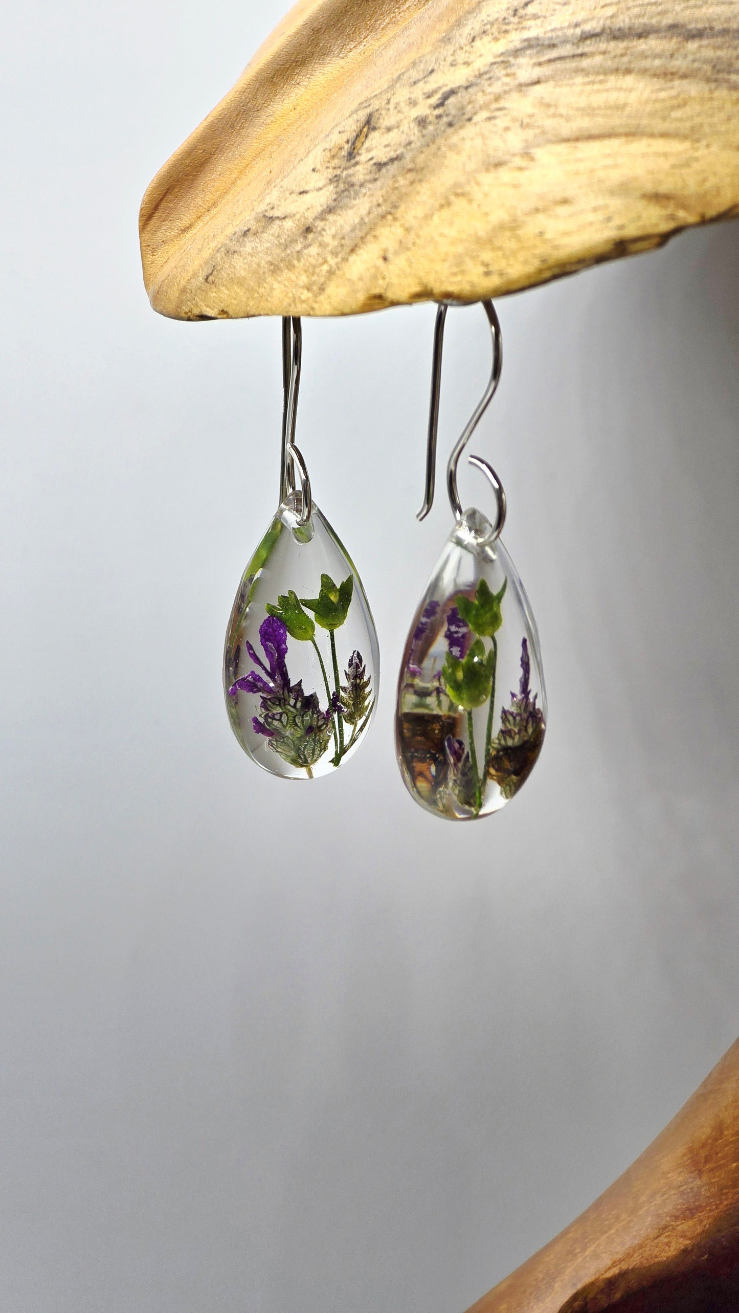 Earrings featuring wildflower specimens of Preserved Primula and Lavender, secured on a .925 Sterling Silver Shepherd Hook