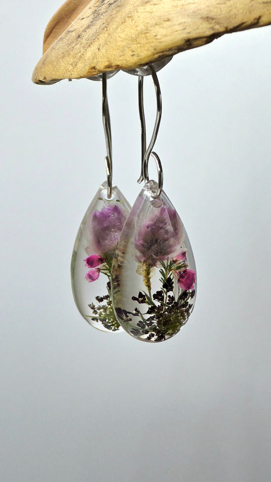 Earrings featuring wildflower specimens of Preserved Rhodanthe, Heather & Chocolate Queen Annes Lace secured on a .925 Sterling Silver Hook