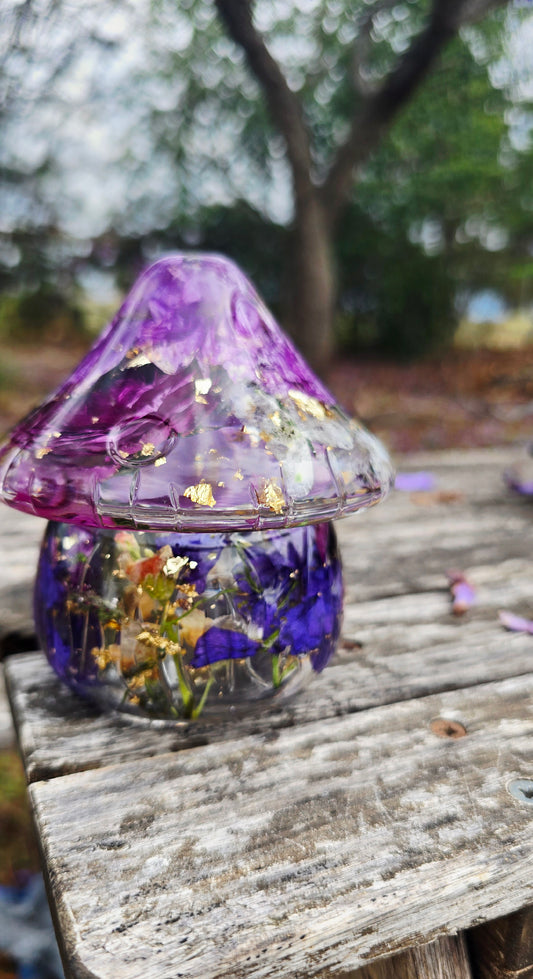 Mushroom Trinket Jar featuring Real Preserved Dahlia, Rose, Delphinium, Larkspur, Snapdragon, Lavender & Chamomile set in resin