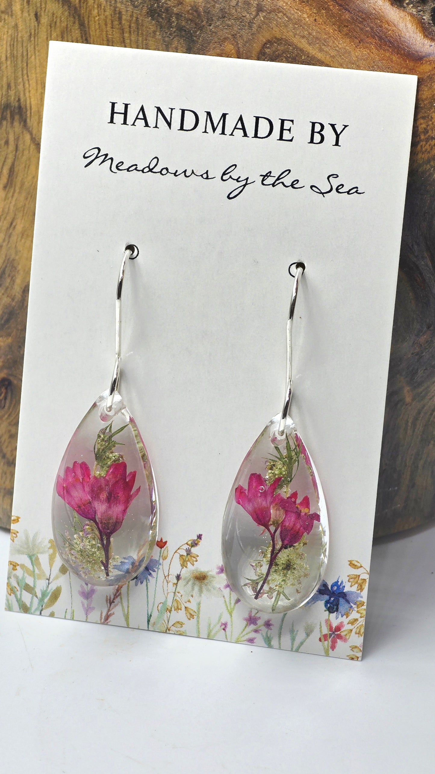 Earrings featuring wildflower specimens of Preserved Coral Bells & Queen Annes Lace, secured on a .925 Sterling Silver Hook