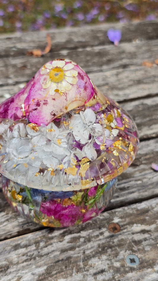 Mushroom Trinket Jar featuring Real Preserved Butterfly Delphinium, David Austen Rose, Chamomile, Stock & Hydrangea set in Resin