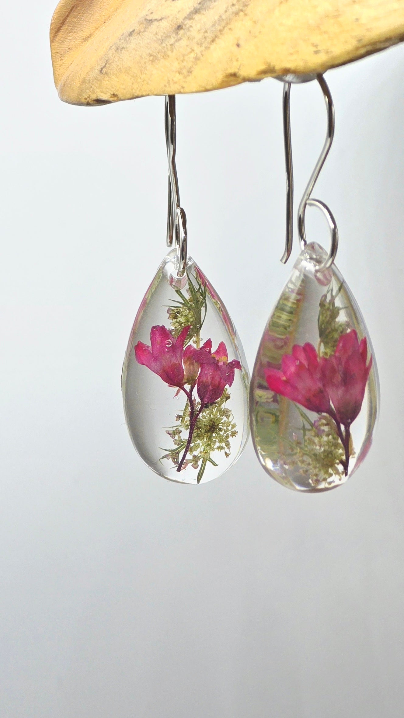 Earrings featuring wildflower specimens of Preserved Coral Bells & Queen Annes Lace, secured on a .925 Sterling Silver Hook
