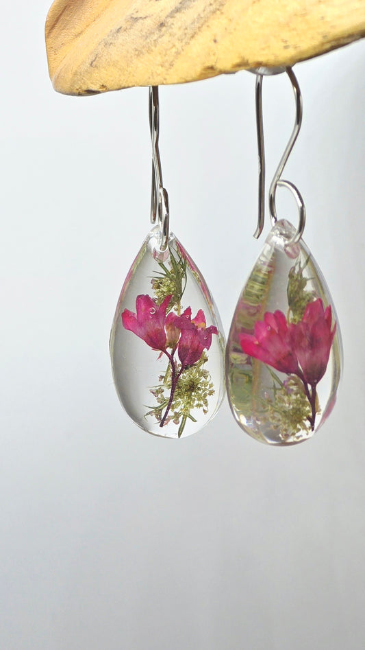 Earrings featuring wildflower specimens of Preserved Coral Bells & Queen Annes Lace, secured on a .925 Sterling Silver Hook