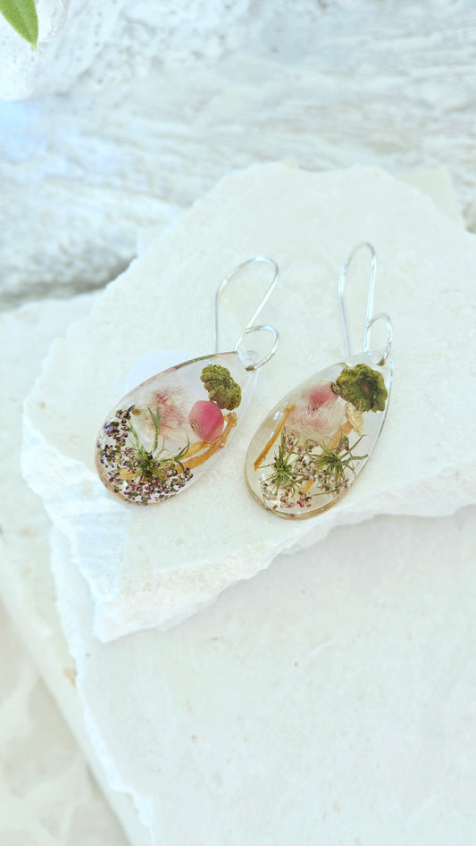 Earrings featuring wildflower specimens of Preserved Boronia, Peppercorn, micro Mushrooms & Chocolate Queen Annes Lace secured on a .925 Sterling Silver Hook