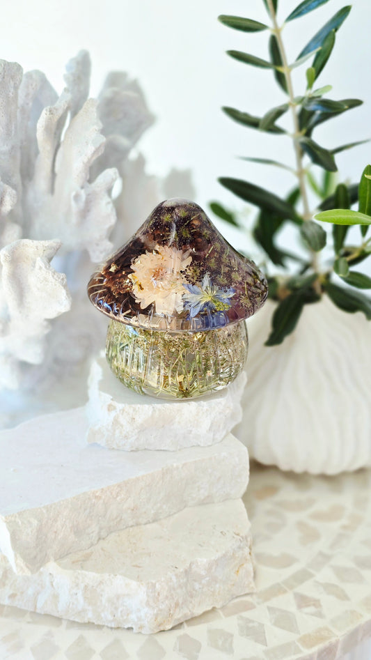 Mushroom Trinket Jar with real Preserved Flowers