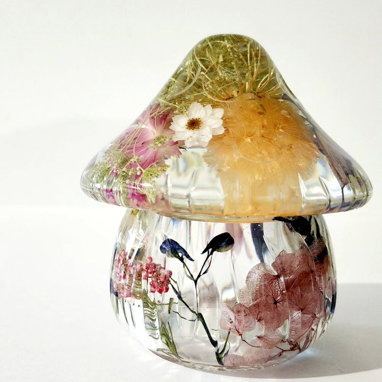Mushroom Trinket Jar with real Preserved Flowers