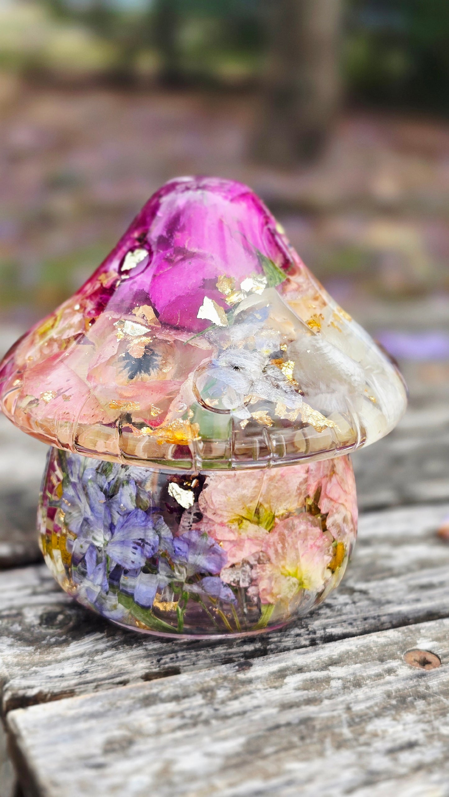 Mushroom Trinket Jar featuring Preserved Delphinium, Stock, Orchid, Rose, Ranunculus, Carnation, Lavender & Chamomile set in Resin