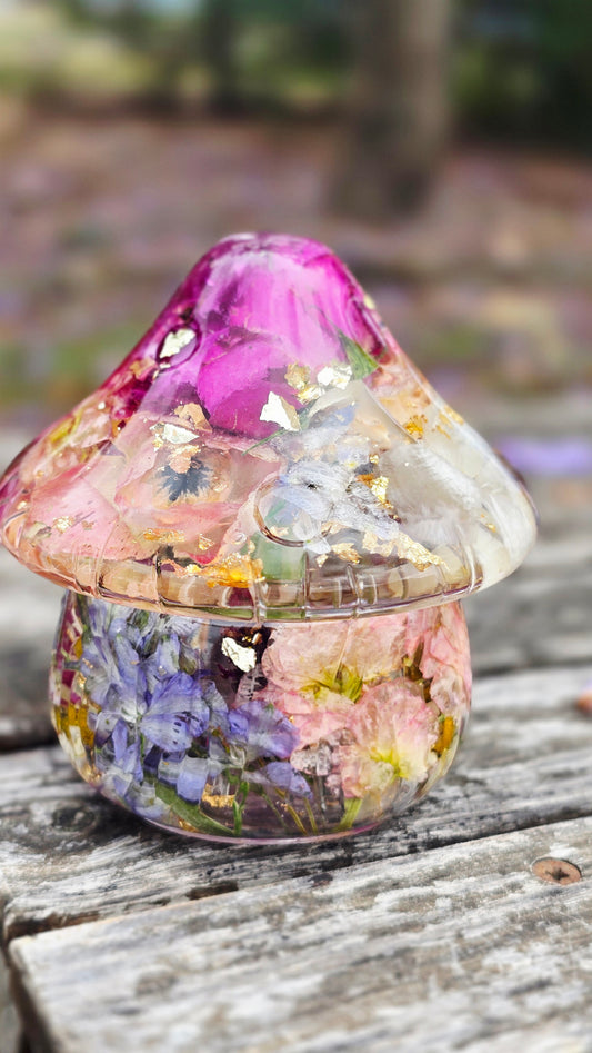 Mushroom Trinket Jar featuring Preserved Delphinium, Stock, Orchid, Rose, Ranunculus, Carnation, Lavender & Chamomile set in Resin