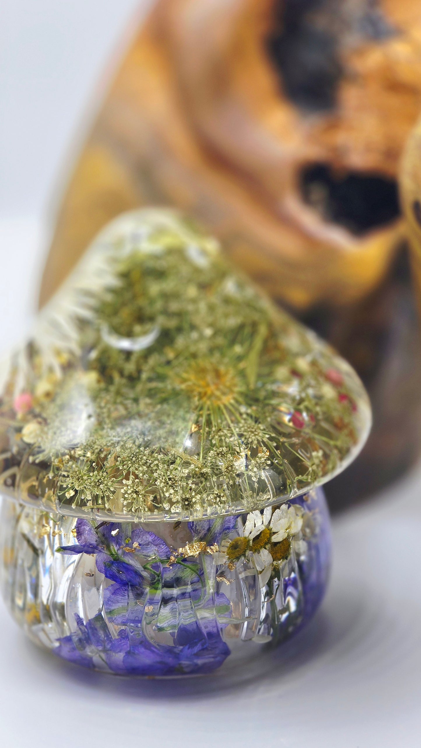 Mushroom Trinket Jar featuring Real Preserved Preserved Peppercorn, Shasta Daisy,  Chamomile, Hydrangea, Larkspur, Delphinium & Queen Anne's Lace