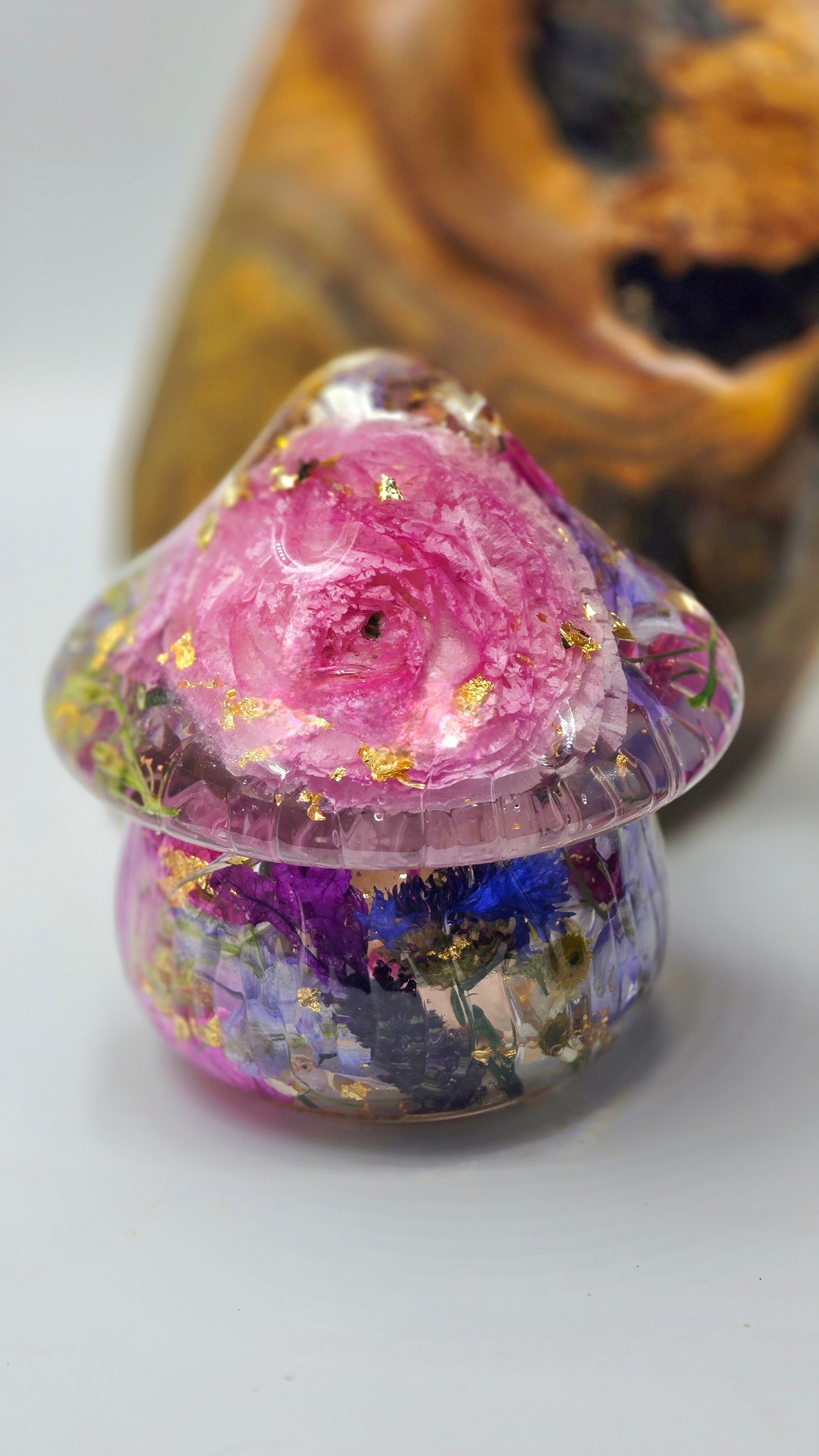 Mushroom Trinket Jar featuring Real Preserved Primula, Butterfly Delphinium, Stock, Snapdragon, Cornflower, Chamomile, Bellflower & Ranunculus set in resin