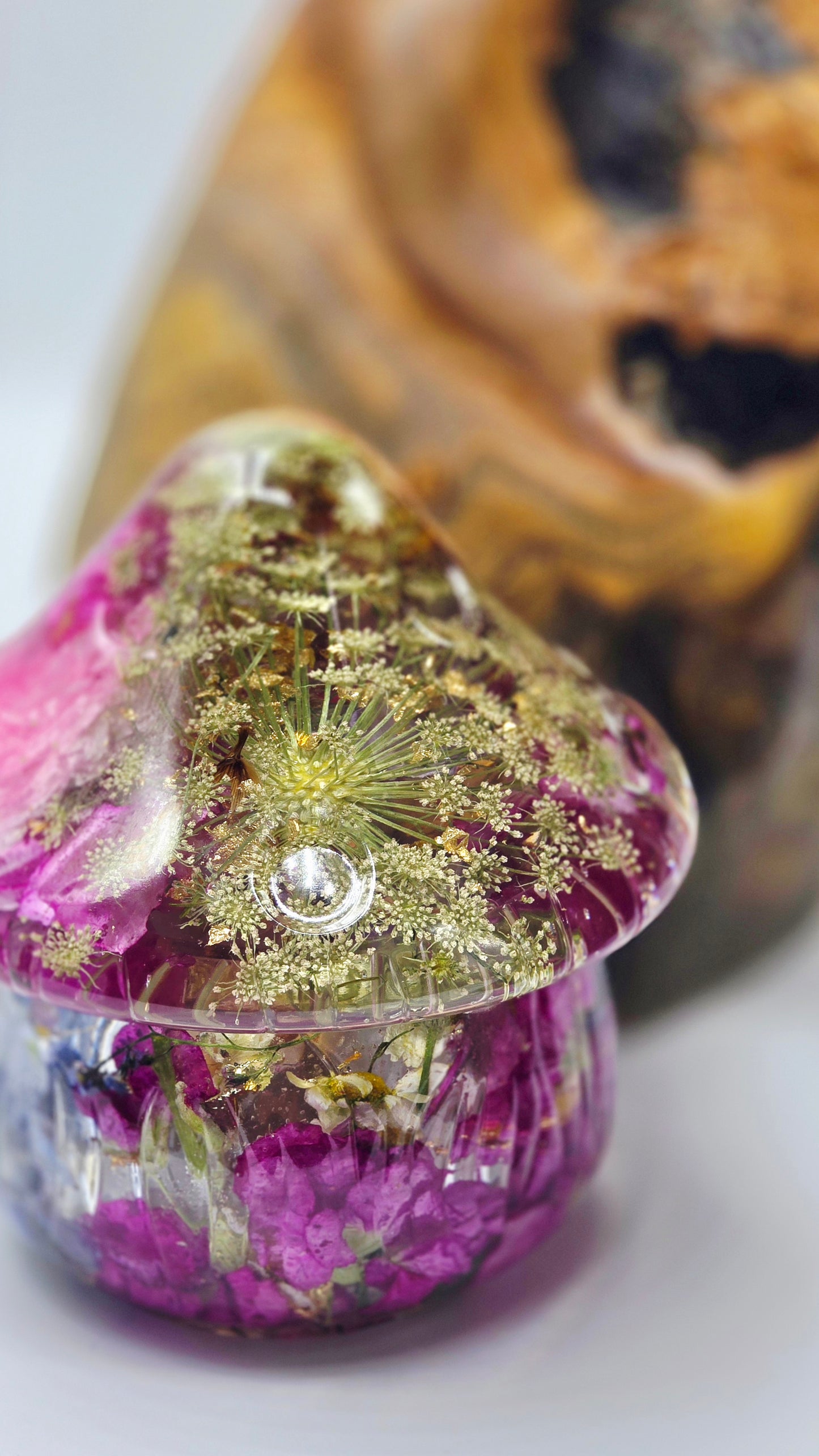 Mushroom Trinket Jar featuring real Preserved David Austen Rose, Ranunculus, Queen Anne's Lace, Stock, Forget-me-not, Delphinium, Bougainvillia & Chamomile set in Resin