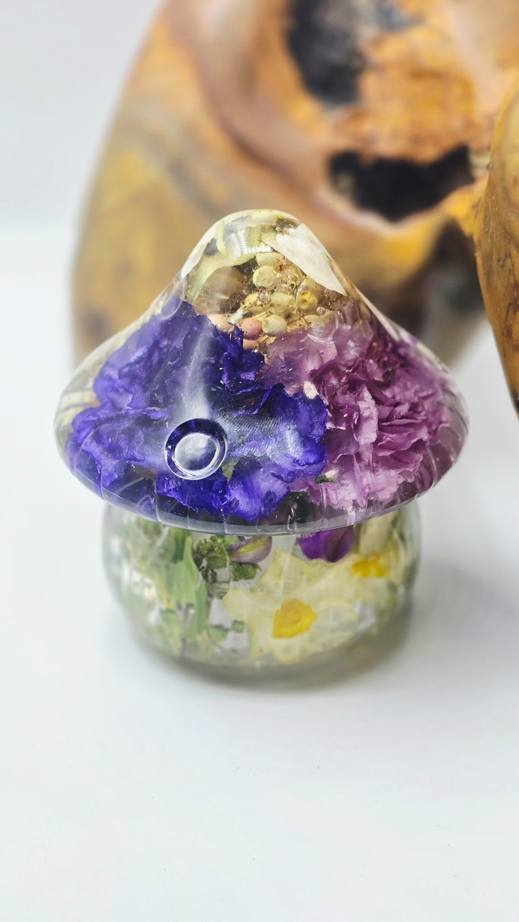Mushroom Trinket Jar with real Preserved Flowers