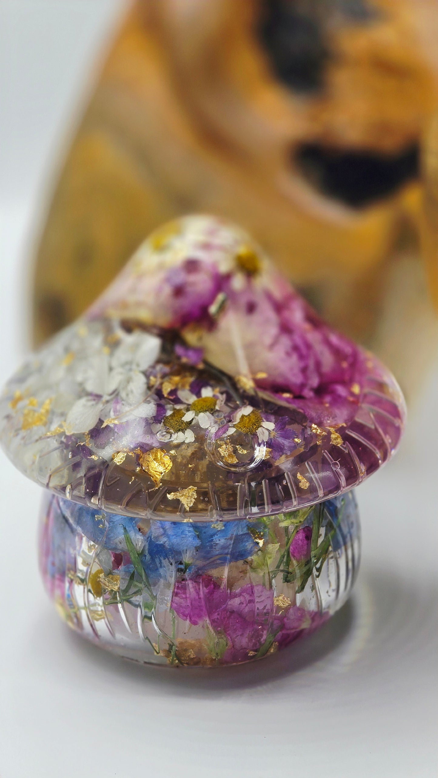 Mushroom Trinket Jar featuring Real Preserved Butterfly Delphinium, David Austen Rose, Chamomile, Stock & Hydrangea set in Resin