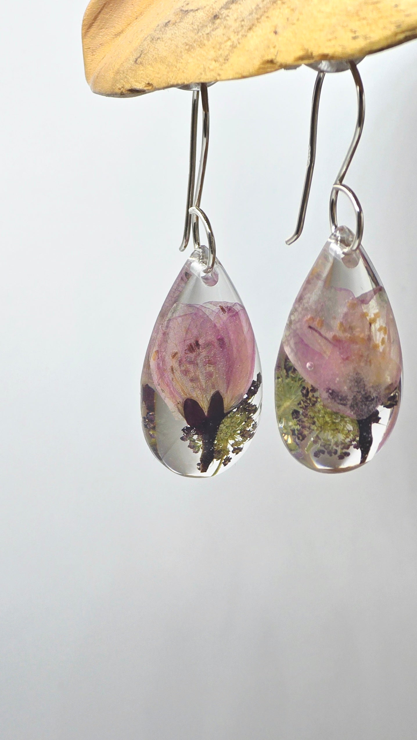 Earrings featuring wildflower specimens of Preserved Begonia & Chocolate Queen Anne's Lace, secured on a .925 Sterling Silver Hook