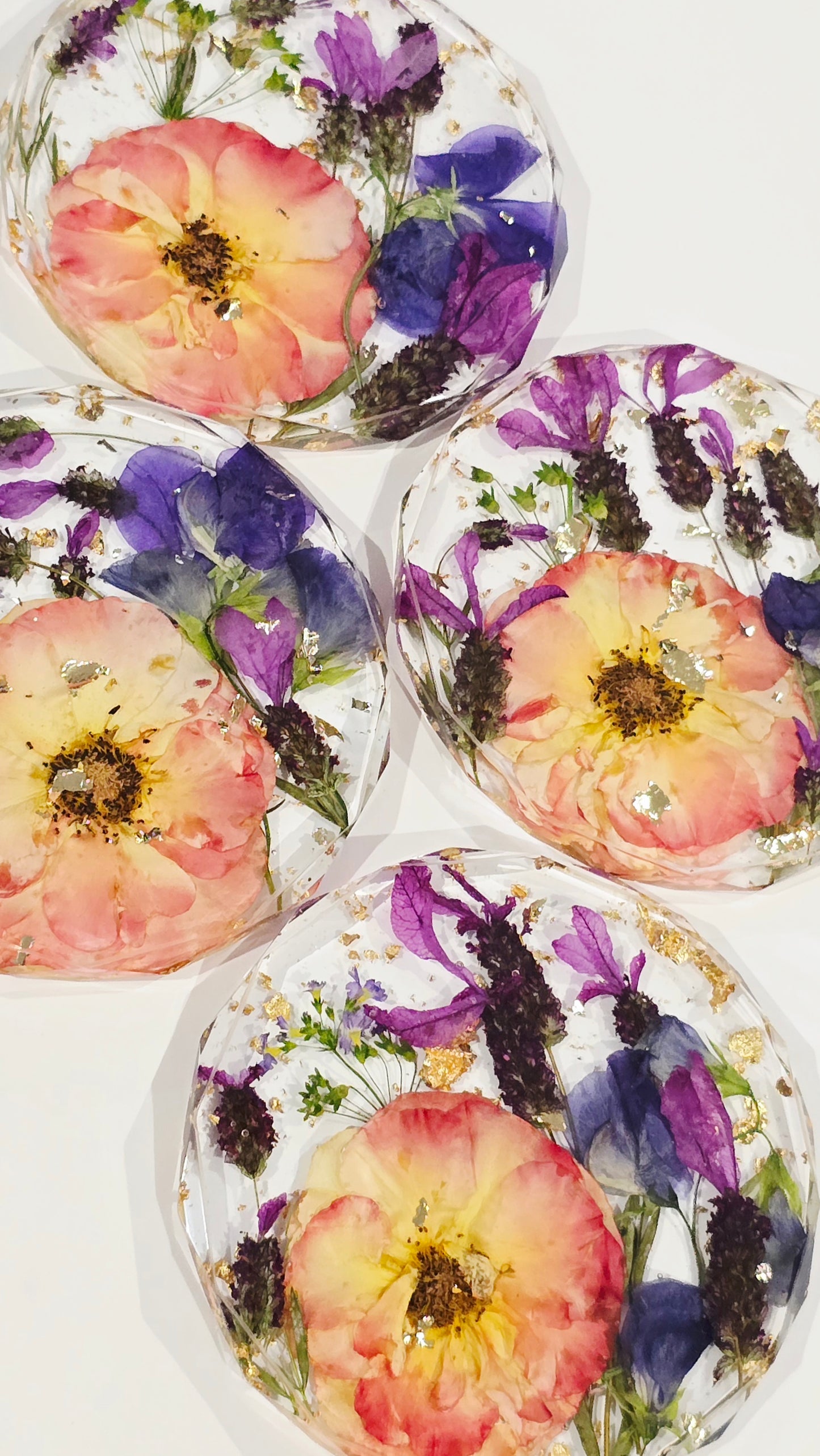 Coaster Set featuring Preserved David Austin Roses, Lavender, Primula, Sweet Pea & Gold Flakes set in Resin, Set of 4