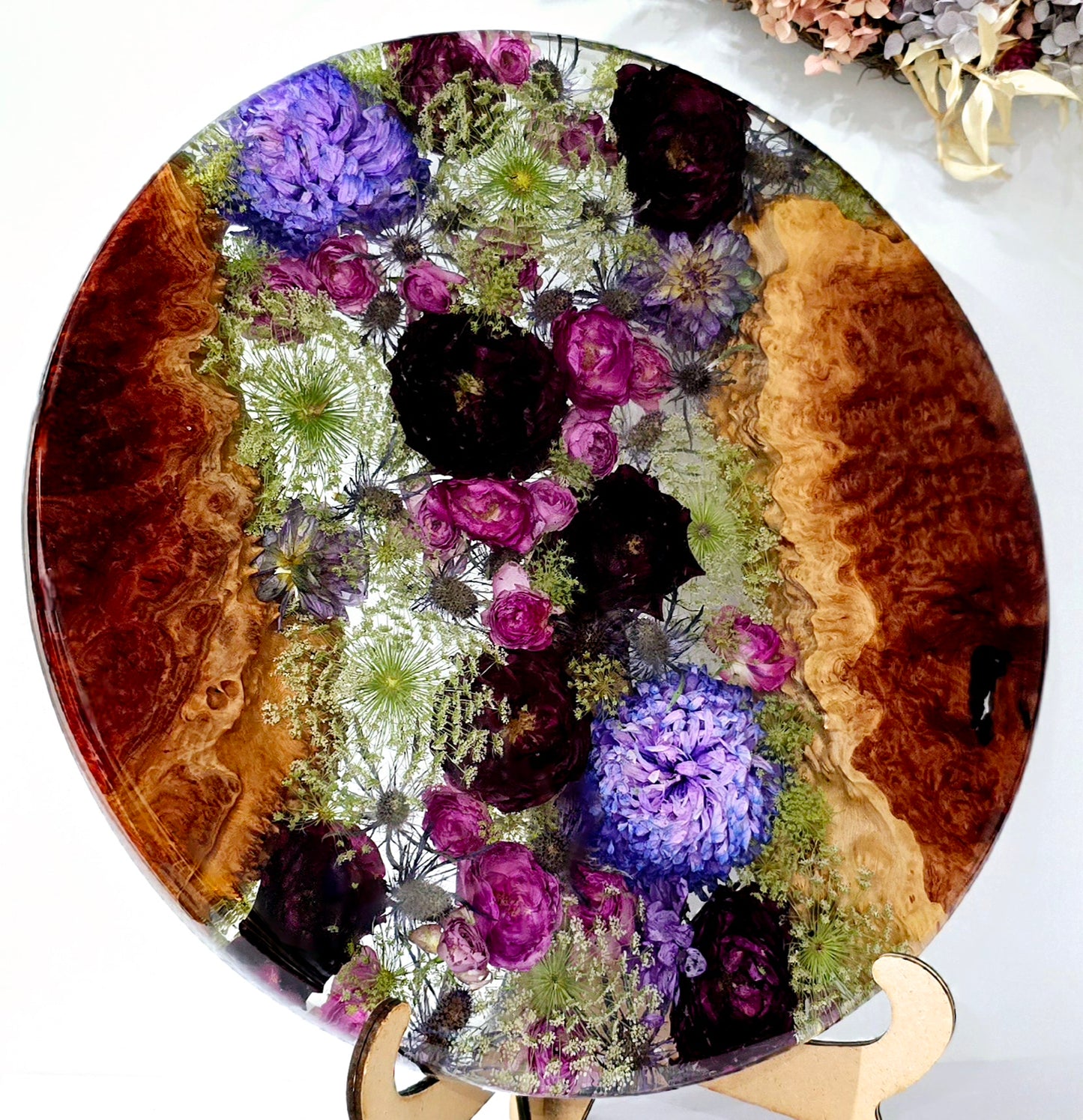 Lazy Susan, 450mm - featuring Red Mallee, Queen Anne's Lace, Dahlias, Grandiflora Roses, Sea Holly and Spray Roses