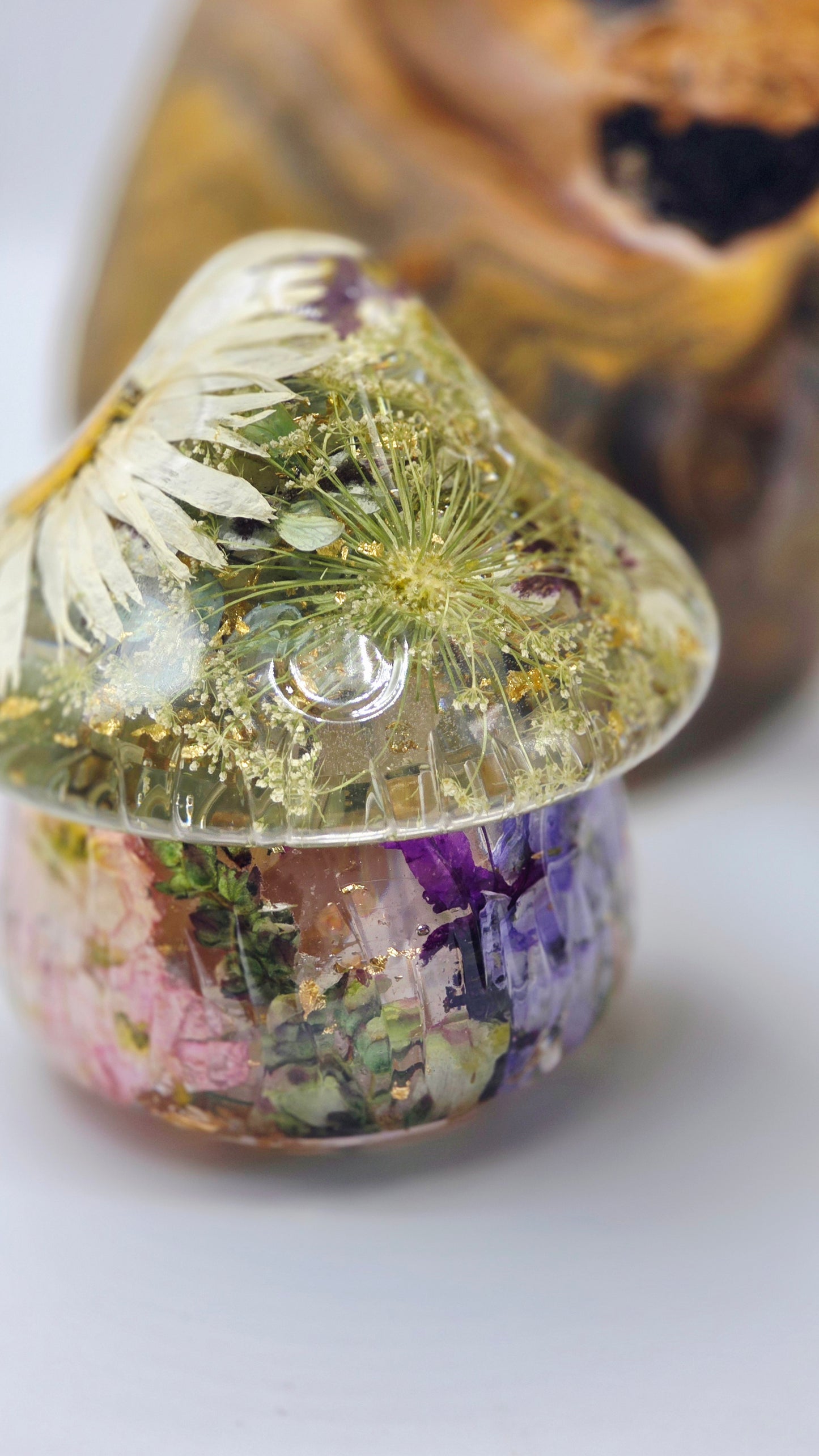 Mushroom Trinket Jar featuring real Preserved Queen Annes Lace, Shasta Daisy, Hydrangea, Delphinium, Lavender, Snapdragon & Stock set in Resin