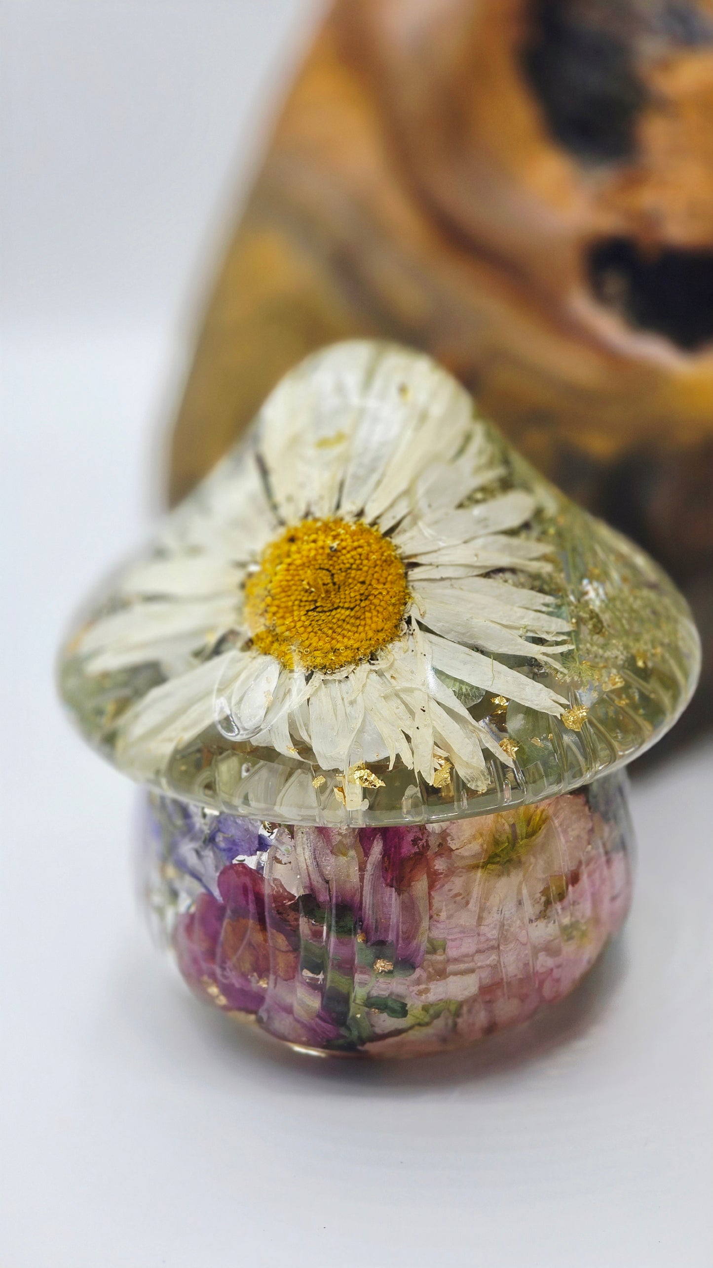 Mushroom Trinket Jar featuring real Preserved Queen Annes Lace, Shasta Daisy, Hydrangea, Delphinium, Lavender, Snapdragon & Stock set in Resin