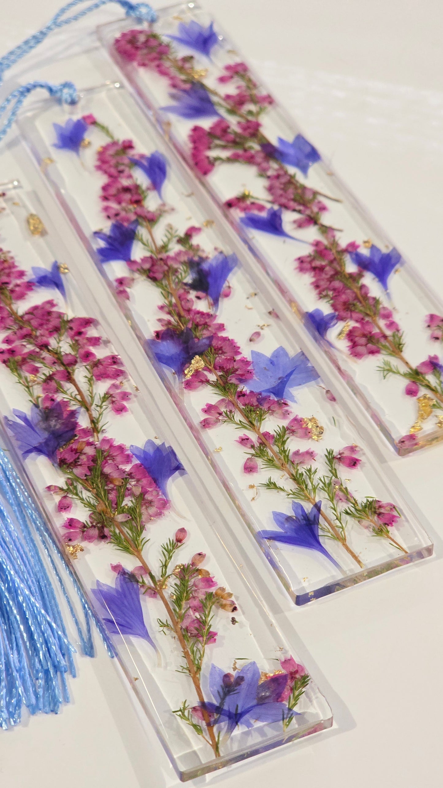 Bookmark featuring Heather and Cornflower with Gold Flakes