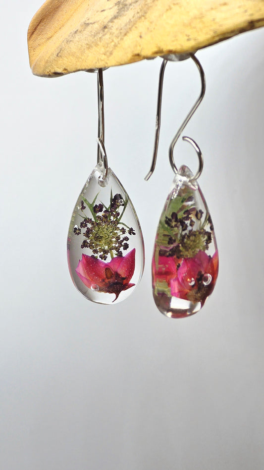 Earrings featuring wildflower specimens of Preserved Boronia & Chocolate Queen Annes Lace, secured on a .925 Sterling Silver Hook
