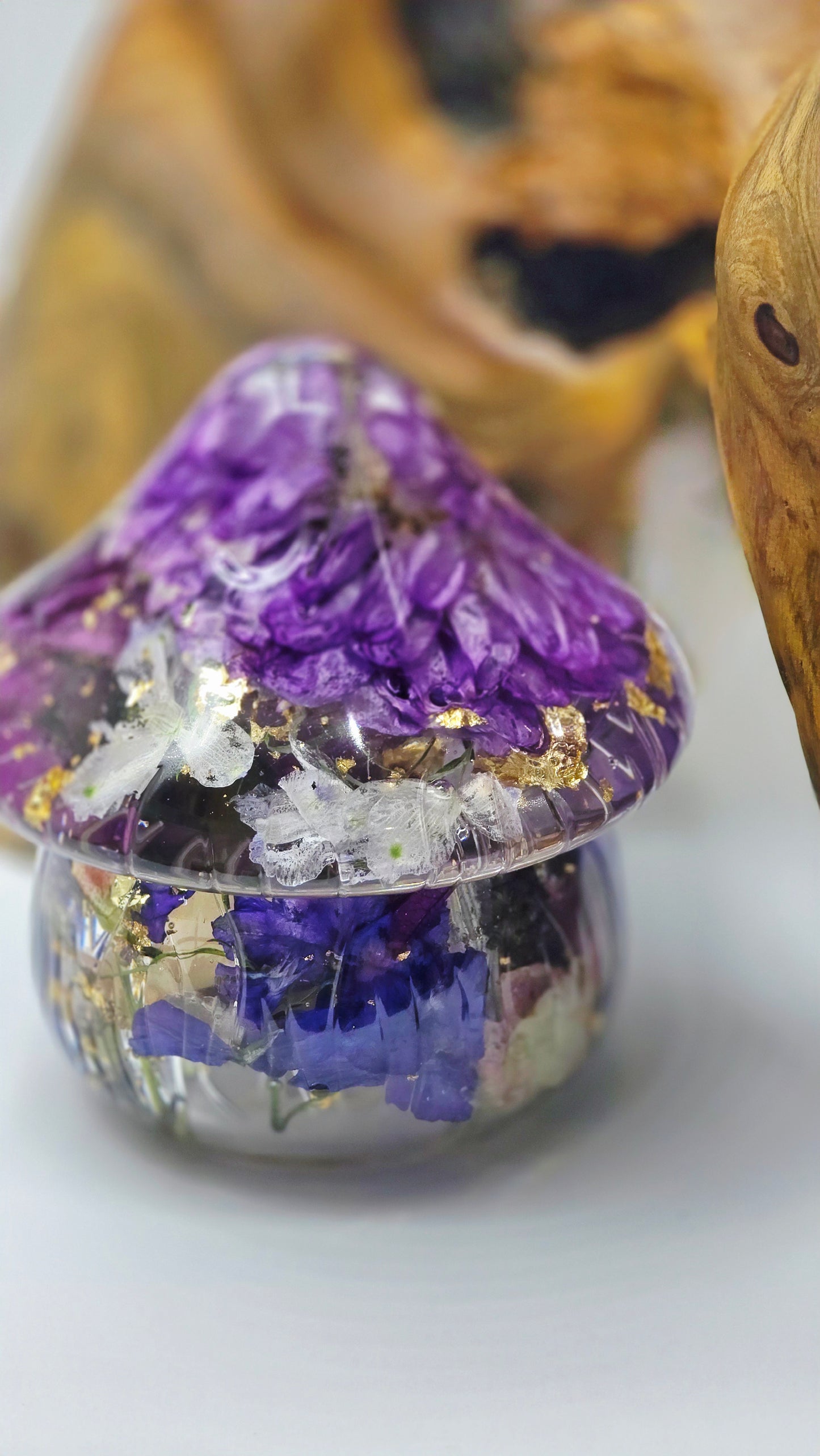 Mushroom Trinket Jar featuring Real Preserved Dahlia, Rose, Delphinium, Larkspur, Snapdragon, Lavender & Chamomile set in resin