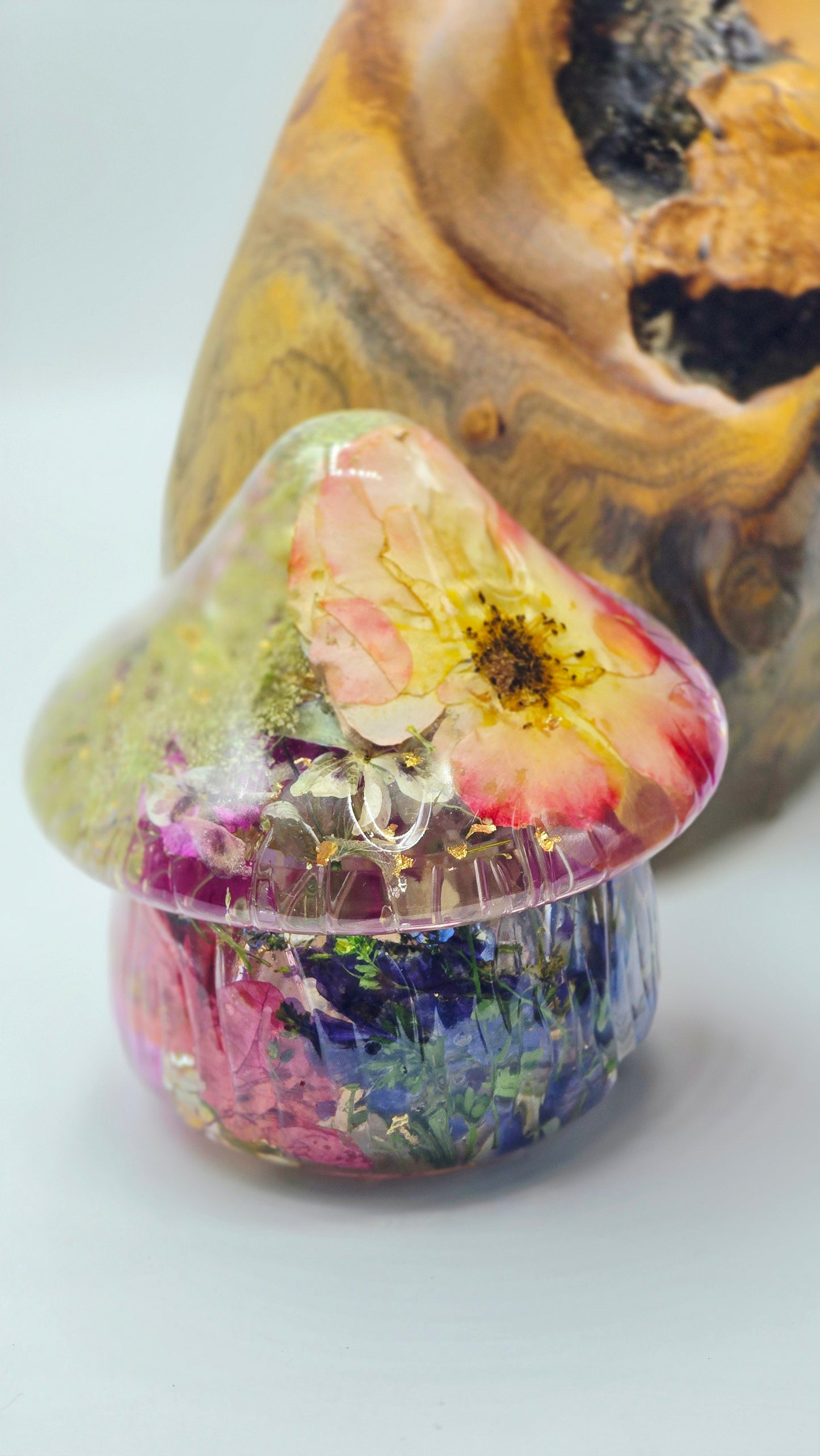 Mushroom Trinket Jar featuring real Preserved David Austen Rose, Ranunculus, Queen Anne's Lace, Stock, Forget-me-not, Delphinium, Bougainvillia & Chamomile set in Resin